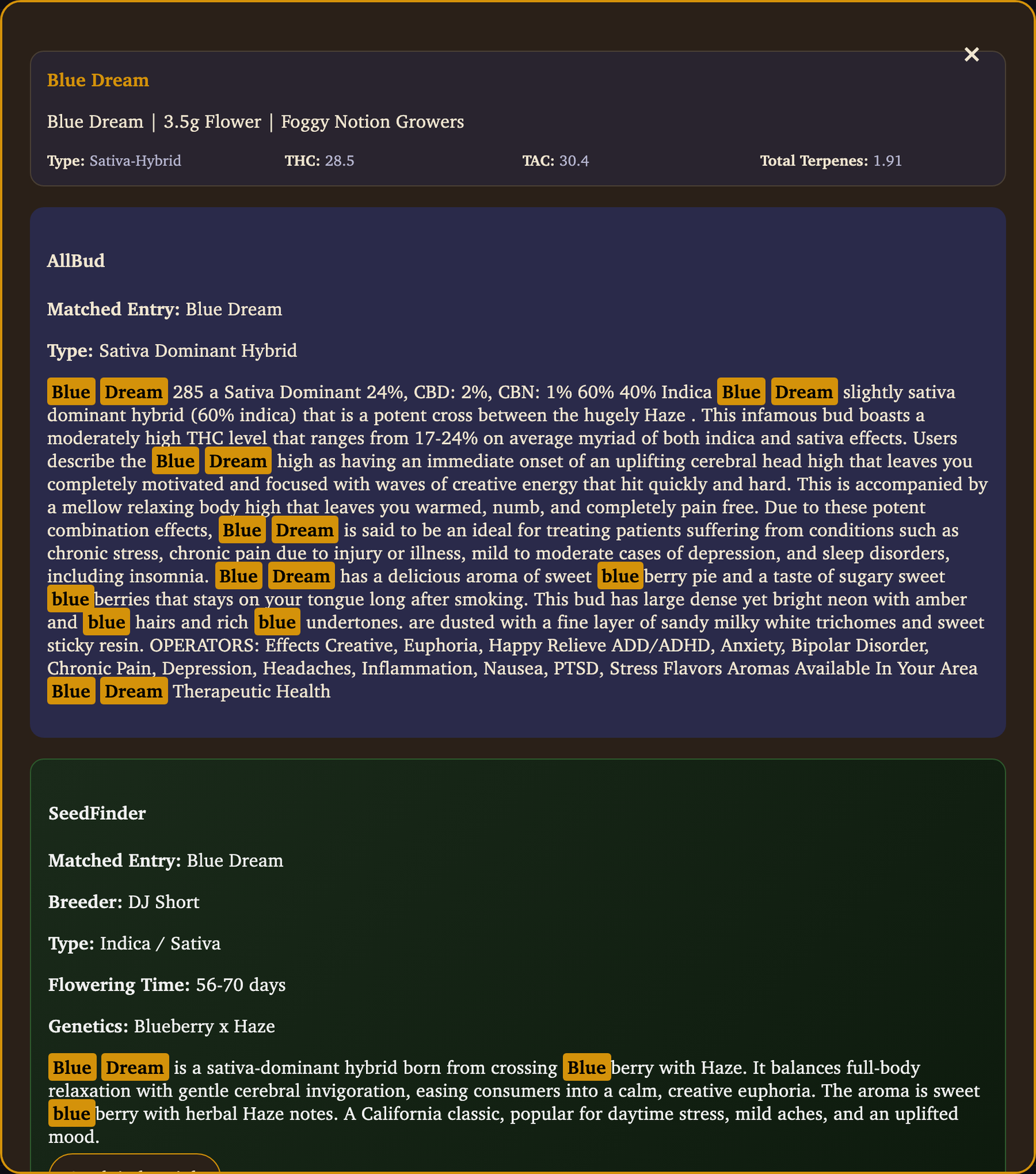 Budtender gainful search: Blue Dream with real AllBud and SeedFinder data populated -- lineage Blueberry x Haze, breeder, effects, and the full lab panel