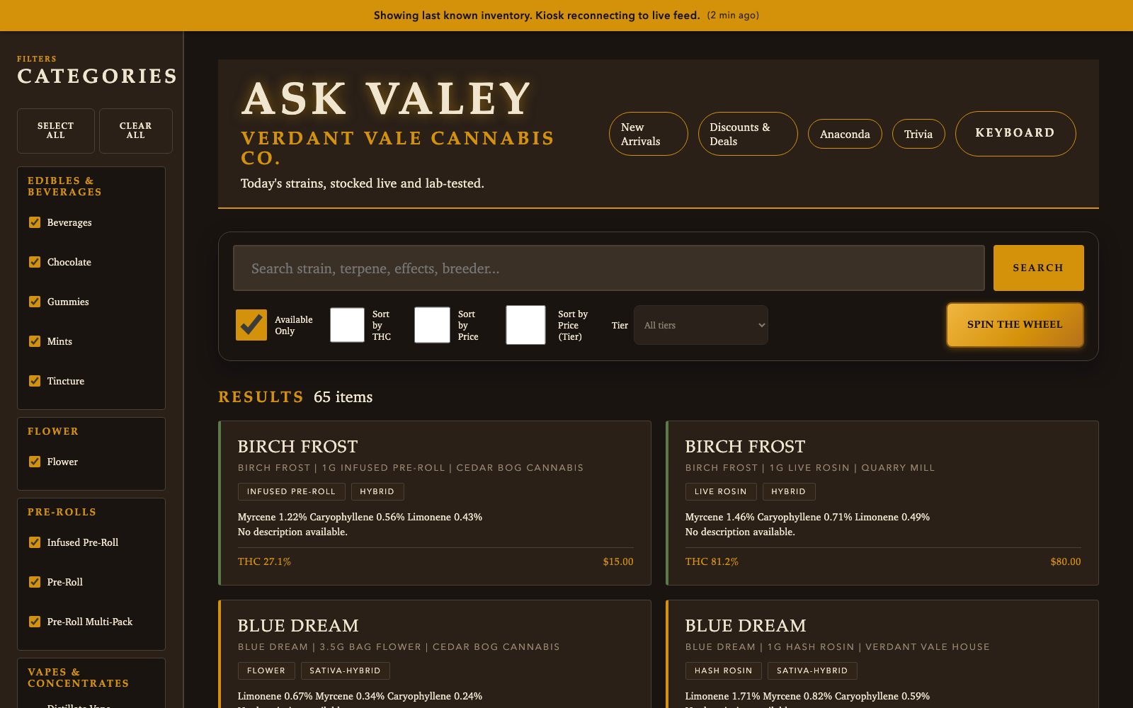Budtender filtered results grid -- the floor narrowed by category, effect, and value