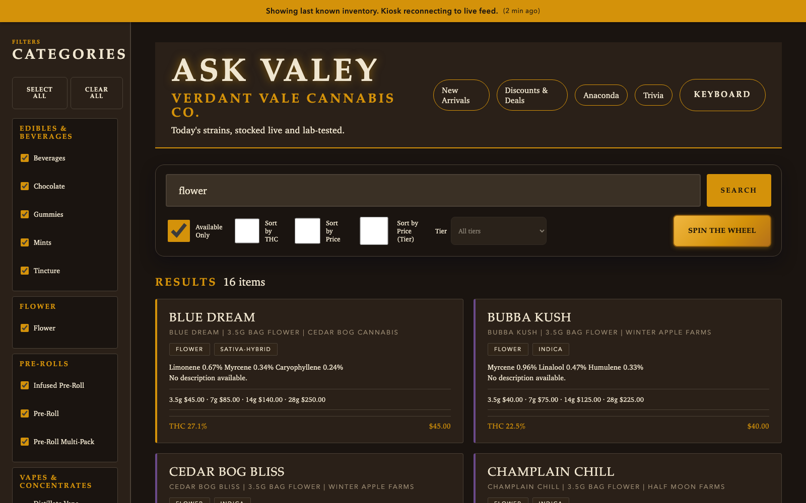 Budtender library search screen, live on a tablet
