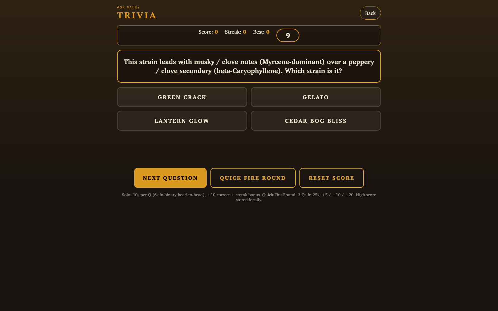 Budtender trivia in-app -- a mid-game question card