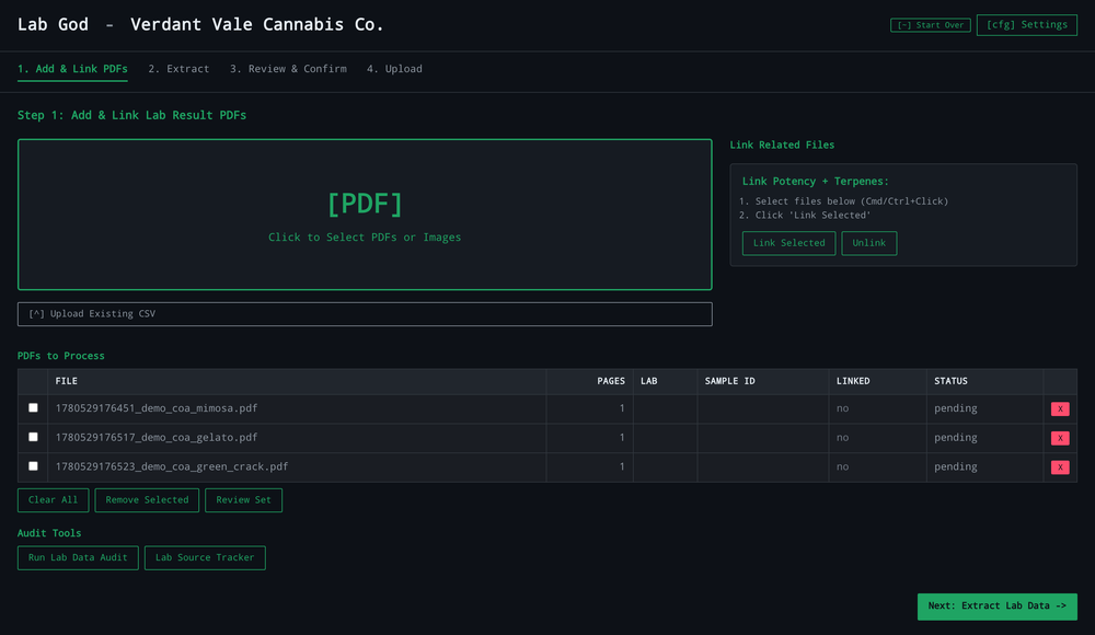 Lab God -- the real four-step tool: add the COA PDFs, read the panel, review, then upload to Dutchie
