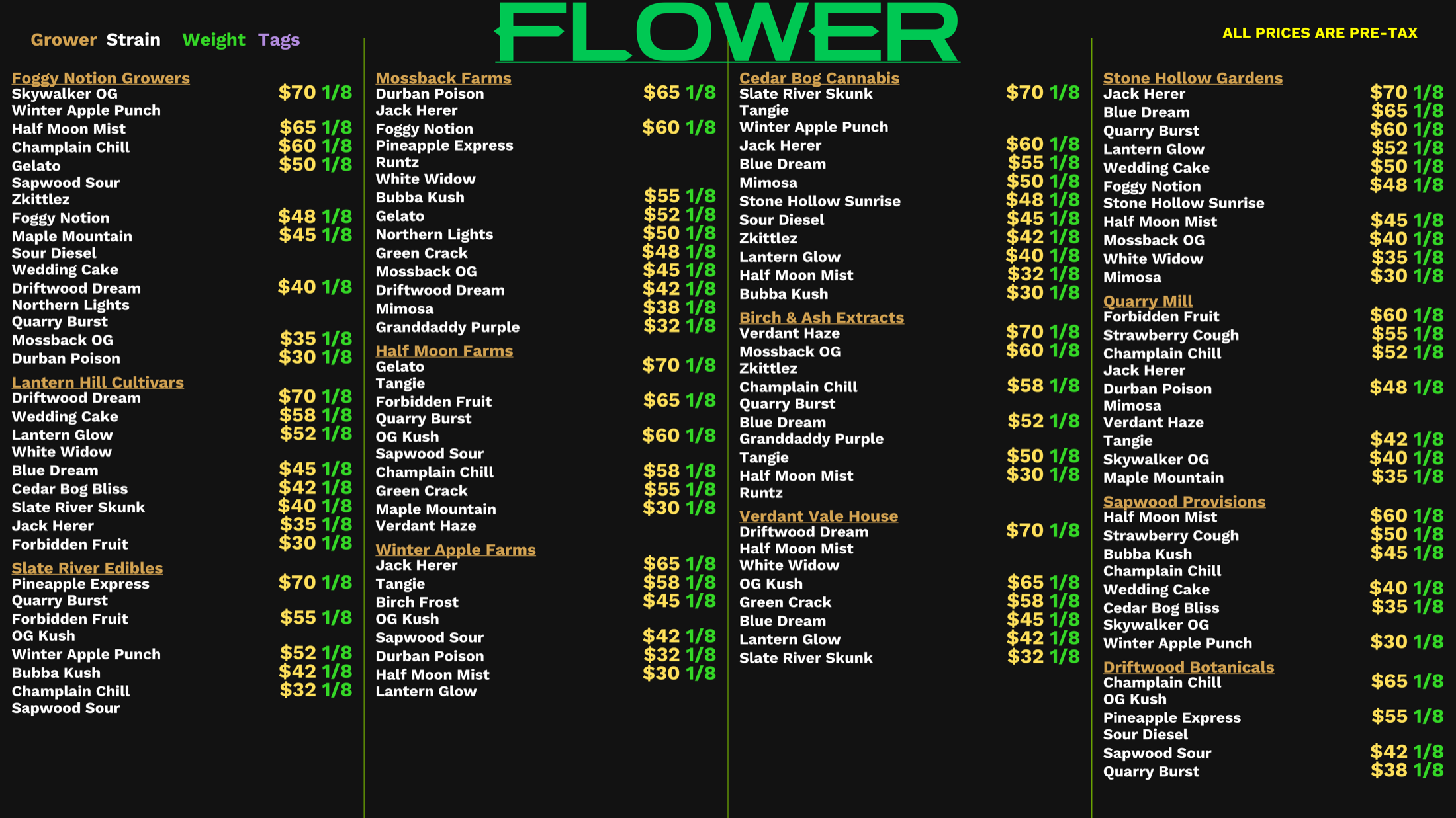 Landscape text-list menu, vendor-grouped columns