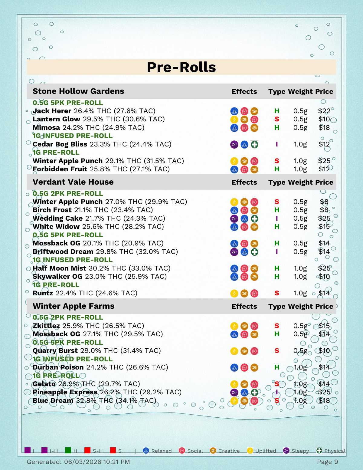 Paper menu page 2 -- Pre-Rolls