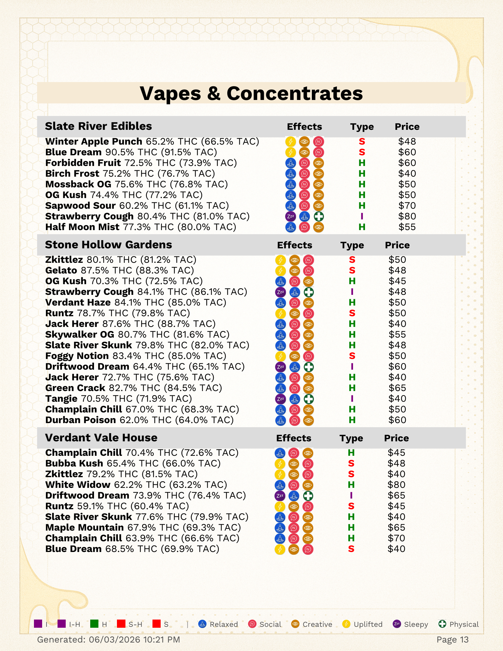 Paper menu page 3 -- Vapes and Concentrates