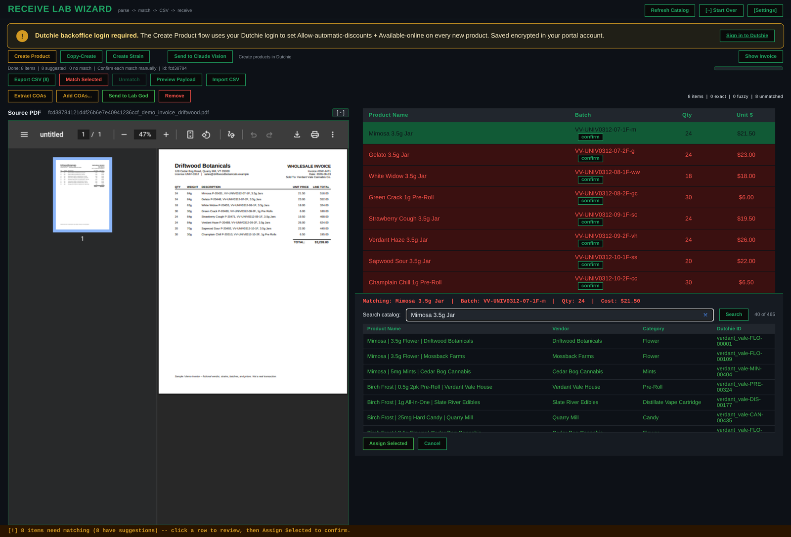 Receive Wizard: click an item in the top-right list and its match against your Dutchie inventory and catalog history appears at the bottom, ready to confirm