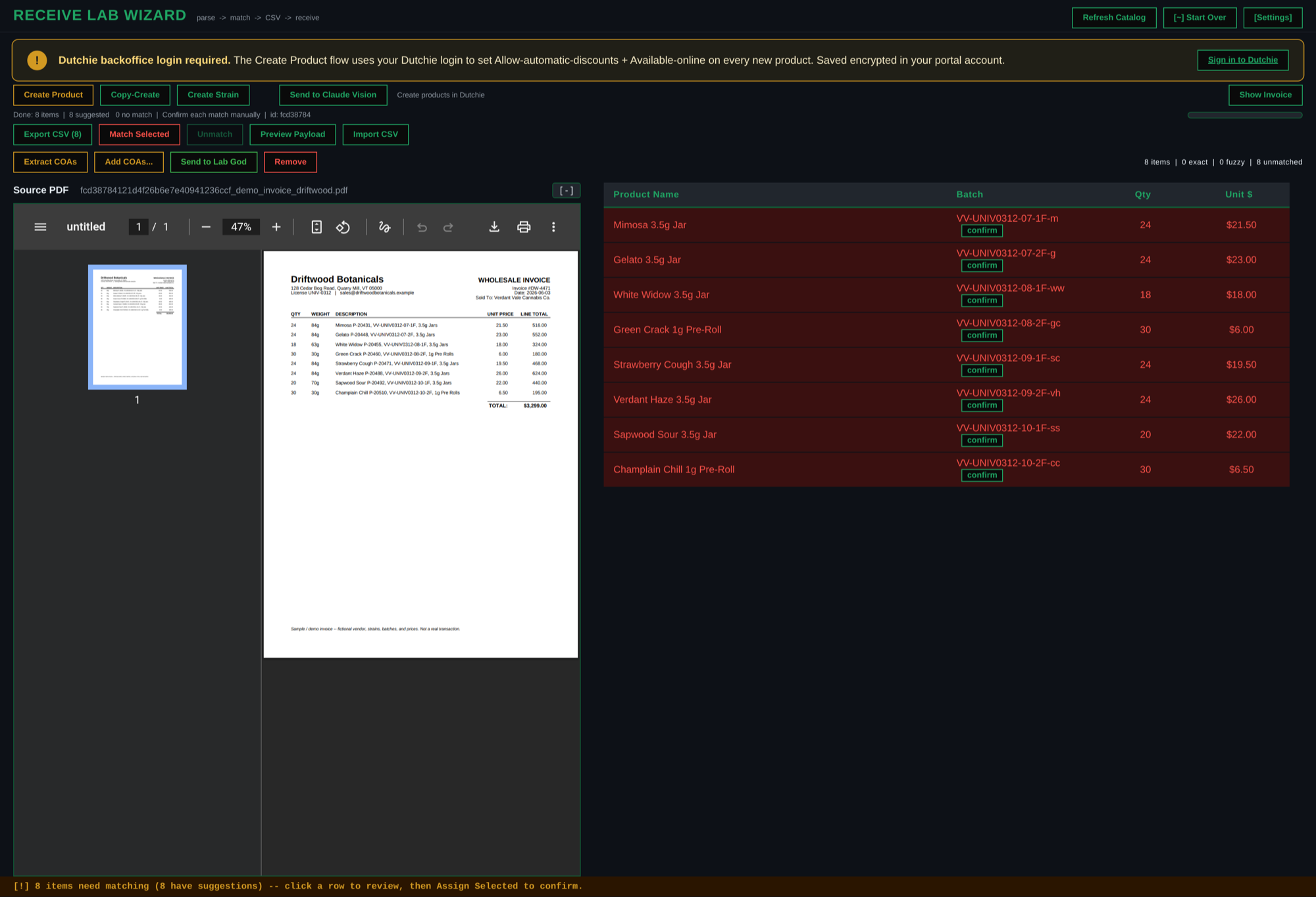 Receive Wizard -- your Dutchie catalog matches in one window with the batch numbers already read off the vendor invoice, and the invoice preview a click away to check against