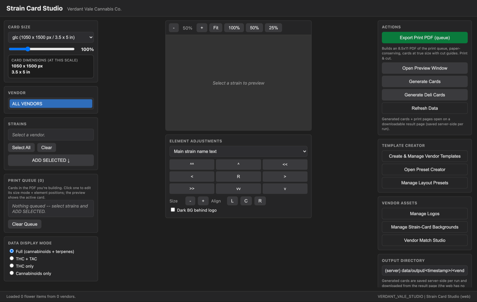 Strain card template maker -- background, logo, and layout editor pulling live Dutchie strains